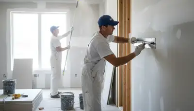 Drywall repair crew in Birmingham, AL fixing wall cracks and holes for a painting service job