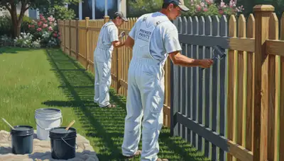 Birmingham, AL painters prepare and paint a wood fence for weather protection