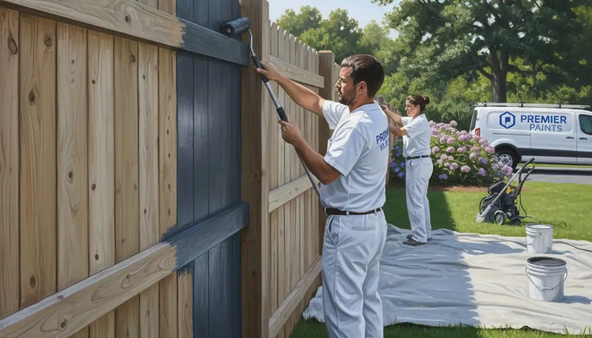 Birmingham, AL painters painting a wood fence for weather protection and curb appeal